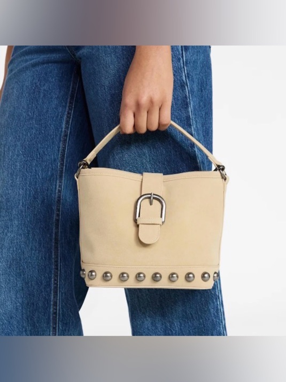 NWT Beige Stud-Trim Top Bucket Bag